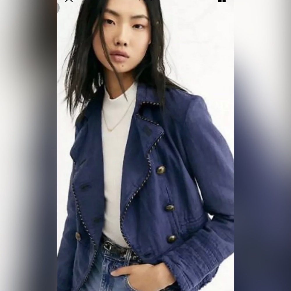 FreePeople Med Navy Cropped Military Blazer Jacket